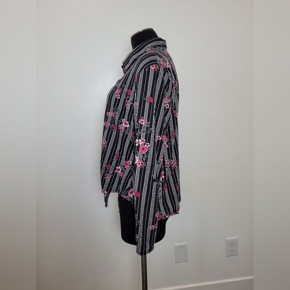 Floral Striped Blouse Tie Front Knotted Rose Boho Romantic Feminine Summer Large - Picture 3 of 9